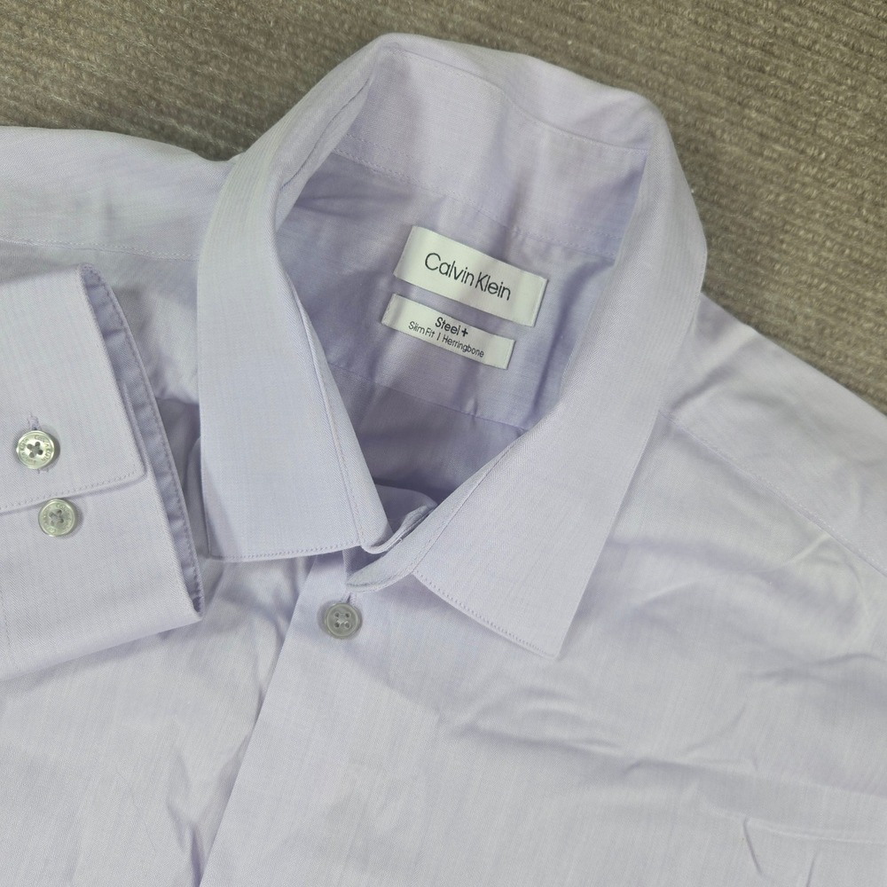Calvin Klein Mens L 16.5 34/35 Lavender Steel+ Slim Fit Herringbone Dress Shirt